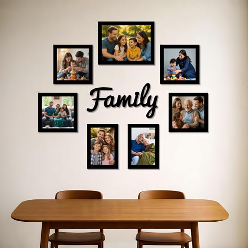 Image of Art Street Decorative Premium Set of 7 Individual Wall Photo Frame with Family MDF Wall Plaque - Black