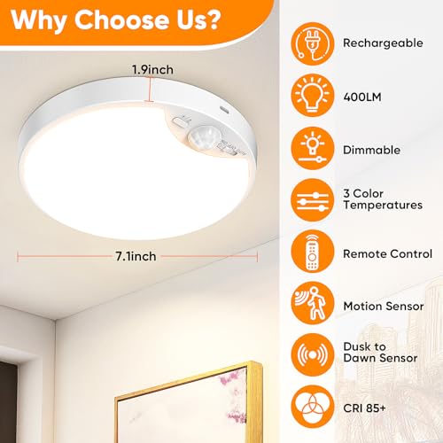 Image of Rechargeable Motion Sensor Ceiling Light, 12000mAh Battery Closet Light