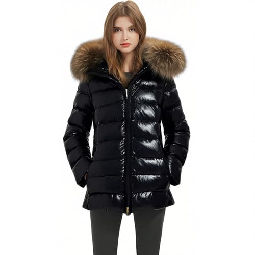Winterjacke Damen Warm Daunenjacke Leichte Kapuzenjacke mit Abnehmbarer Kunstfell-Kragen Jacke Damen Winter Winddicht Steppjacke Glänzend Wintermantel Schwarz Daunenjacken Parka Outdoorjacke