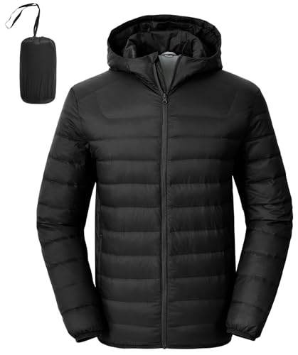 Rdruko Men's Down Puffer Jacket with Hood Packable Lightweight Puffy Winter Coat Hooded, Black, XXL