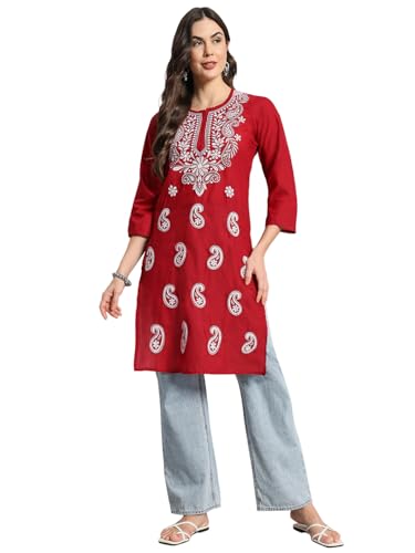 Image of FCH, Fashionable Chikan Handikraft Women's Cotton Lucknowi Chikankari Printed Straight Kurta for Regular Wear Girls Flared Kurta