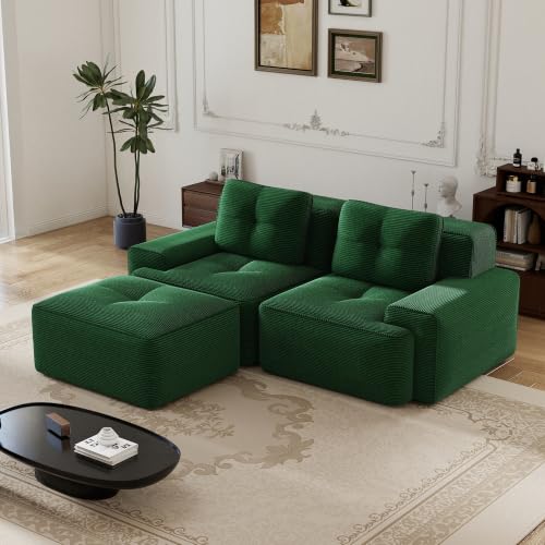 Image of 82 inch L Shaped Modular Boneless Couch with Movable Ottoman, 2 Seat, Soft Corduroy Fabric, Deep Seat Cloud sectional Sofa with Pearl Like Piping and Tufted Design, No Assembly, Anti Slip, Green