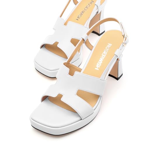 Image of ROSERWISH Womens Platform Heeled Sandals, Open Square Toe Chunky Heels, Strappy Sandals for Women, Leather Insole Dress Shoes for Prom Weeding Bride Party 3.5 inch