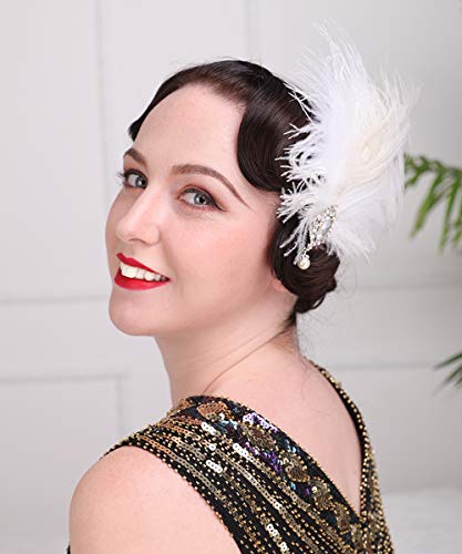 Aimimier 1920S Flapper White Feather Headpiece Crystal Pendant Hair Clip Roaring 20S Feather Accessories Masquerade Gatsby Hair Jewelry For Women And Girls #TOP3