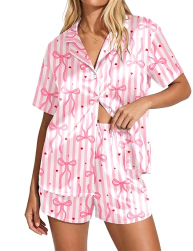 Image of Ekouaer Womens Satin Pajama Set Short Sleeve Button Down Sleepwear 2 Piece Silky Pj Set Soft Loungewear for Ladies
