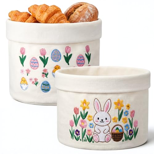 Hestya 2 Cestas de Pan de Pascua con Bordado Paneras de Tela de Desayuno Bolsas de Regalo Nidos de Pascua Decoración de Mesa con Motivos de Conejos y Pollitos para Búsqueda de Huevos Dulces Cocina