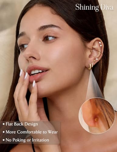 Image of Shining Diva Fashion 12 Pairs Anti Tarnish Earrings Combo Set | 14K Gold Plated | Hypoallergenic Stainless Steel Earring for Sensitive Ears | Flat Back Stud Hoop Cartilage Earring for Multiple Piercing