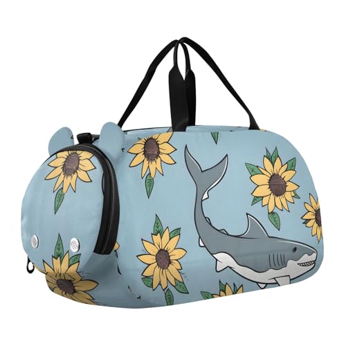 Duffle Bag Kids Gym Bag with Shoes Compartment & Wet Separation Overnight Travel Duffel Bag Shark and Sunflower for Girl Boy