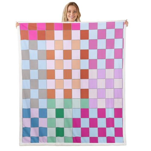 Image of Erosebridal Colorful Buffalo Plaid Throw Blanket Throw 50 inchX60 inch Geometric Grid Checkered Fleece Bed Blanket Rainbow Checkerboard Sherpa Blanket for Kids Boys Girls,Groovy Aesthetic Flannel Blanket