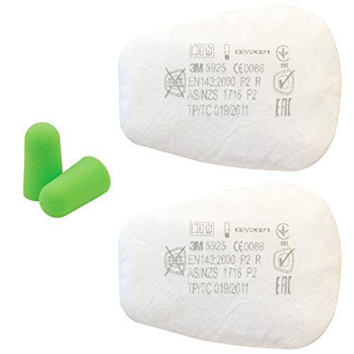 3M Filtre anti poussière 5925 P2 R Filtres Particule pour serie 6000 7000 - 2 pièces / 1 paire - et Bouchons D'oreilles SmartProduct