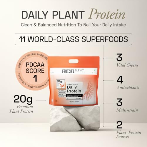 Image of Ace Blend Daily 20G Plant Protein (15 Servings) | Pea & Brown Rice Isolate | 3 Vital Greens 4 Antioxidants 3 Probiotics | Boosts Strength, Recovery, Fat Loss | No Added Sugar | Unisex | Orange Flavour