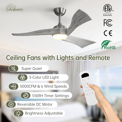 Image of Sofucor 52 Inch Ceiling Fan with Light and Remote, Large 3 Solid Wood Blade