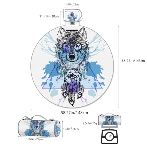 Shimoshe Wolf Dreamcatcher Picnic Outdoor Blanket Foldable Waterproof Sandproof Beach Blanket Portable Water-Resistant Round Picnic Mat for Travel Camping Park Lawn