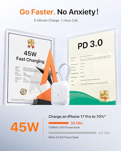 Image of TORRAS EasyGo for iPhone 17 Portable Charger 10000mAh, 45W Ultra-Ice Fast Charging USB-C Power Bank with Dual Built-in Cables, Battery Pack Compatible with iPhone 17 /16 /15 Pro, Samsung S26 S26+ Ultra
