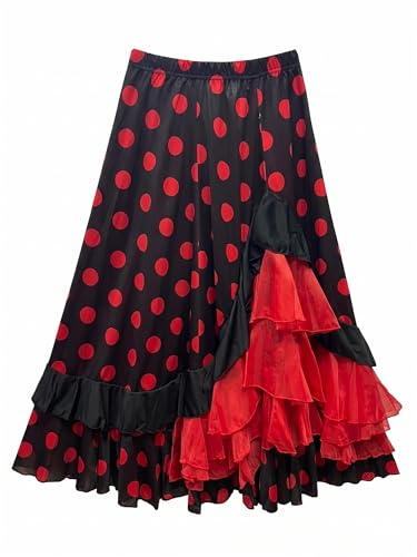 Carnavalife Falda Flamenca Baile sevillanas, Falda de Baile Flamenco, Volantes en Capas diseño asimétrico, Traje Feria, romería, espectáculo (FR/ES, Letras, XL, Regular, Regular, Negro/Lunar Rojo)