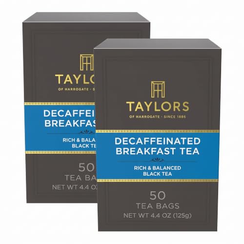 Taylors of Harrogate Decaffeinated Breakfast,Black Tea,Pillow Bags,Rich,Bright &amp; Balanced,Decaffeinated,Enjoy Hot or Iced,50 Teabags,50 Count (Pack of 2)