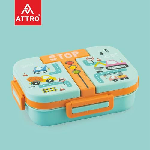 Image of ATTRO Tangy Bite Stainless Steel Lunch Box - 3 Compartment Bento Tiffin, Leak-Proof & Durable, Plastic Spoon, Ideal for Kids, School, Picnic- Orange Blue-600ml- Car Theme