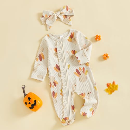 Userdefined Newborn Baby Girl Thanksgiving Halloween Outfit Ruffle Butt Romper Turkey Onesie Footie Fall Winter Clothes2