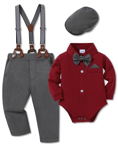 Image of WESIDOM Baby Boy Clothes 0-18M Newborn Infant Gentleman Outfit, Shirt+Bowtie+Beret+Suspender Pant Baby boy Suit Clothing Set