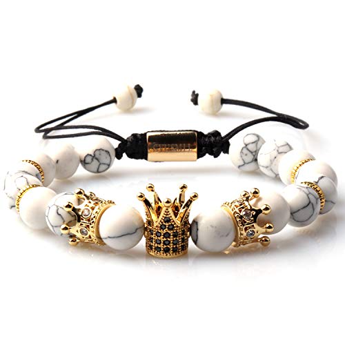 Imperial Crown Bead Bracelet King&Queen Luxury Charm Couple Jewelry Easter Gift for Women Men (White Howlite)