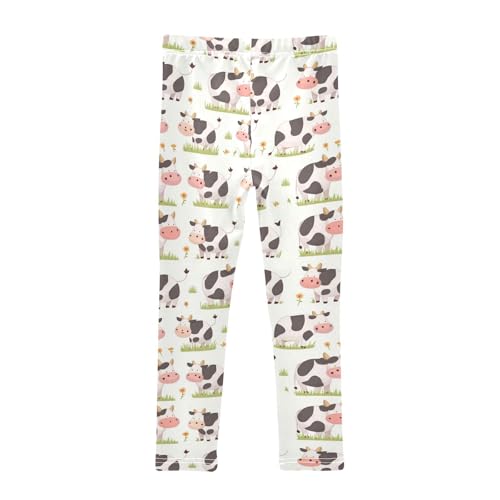 Wusikd Cute Cartoon Cow Girls' Leggings Toddler Doodles Stripes Grass Kids Yoga Pants Dance Active Tights 4T2