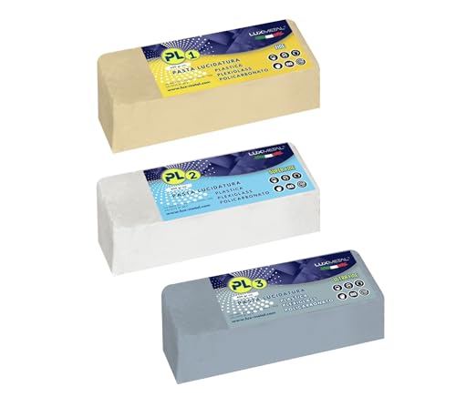 Lux Metal - Kit 3 Pasta Pulidora Abrasiva para Plástico 600 gr PL1-PL2-PL3 (Fine-S.Fine-Ultra Fine) Pulido Plexiglás Transparente Policarbonato Pulido Plástico Quitar Arañazos Renovar Faros Coche