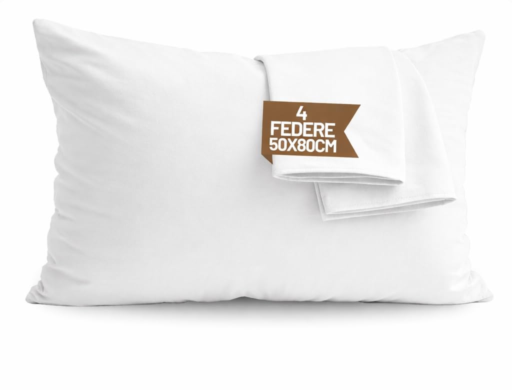 SONIT - Set 4 Federe Bianco Cuscino Letto 50x80 cm 100% Cotone con Chiusura a Busta, Morbidi e Traspiranti, Letto Matrimoniale, Fodere Guanciale Lavabili Biancheria Letto, Made in Italy
