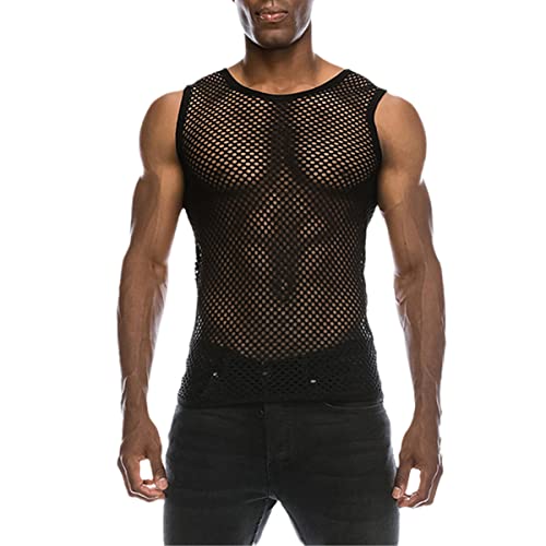 T-shirt sexy en maille noire pour homme, débardeur résille manches longues taille XL