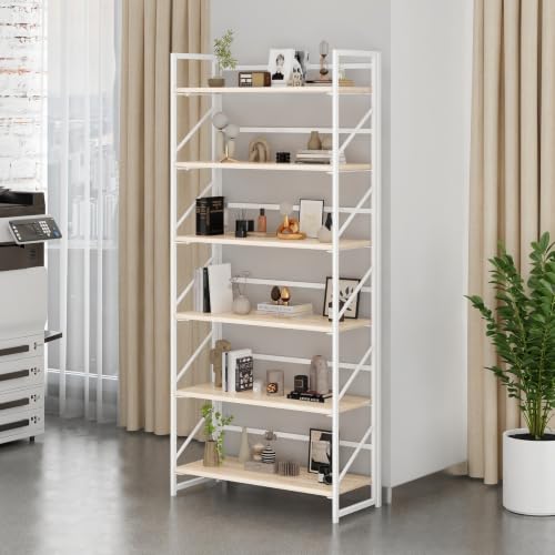 Image of JSB 6 Tier No Assembly Folding Bookshelf, 30.7 inch Wide Foldable Storage Bookcase for Home Office, Space-Saving Storage Shelf for Living Room (White)