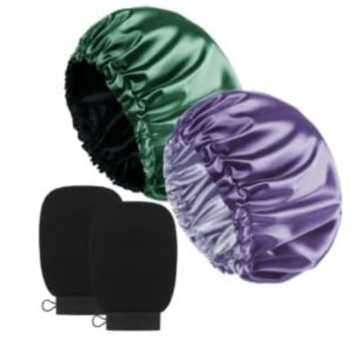Image of Shower Caps With Exfoliating Bath Glove 1 Pair, Fully Reversible Luxurious Pure Satin Hair Bonnet, Reusable Cap for Women With Long Thick Hair, Satin Wrap for Girls