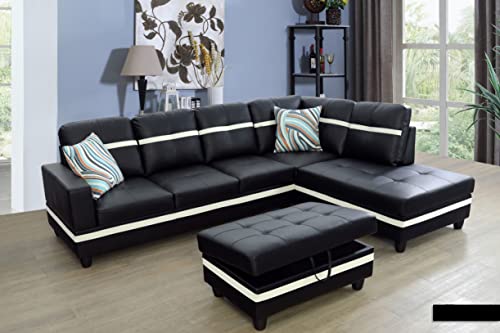 Aycp Golden Coast Furniture Sectional Sofa Set, L Shape Couch, Living Room Leather With Storage Ottoman & Toss Pillows (Right Hand Facing, Black White), 103.5'' X 74.5'' X 35'' #TOP27