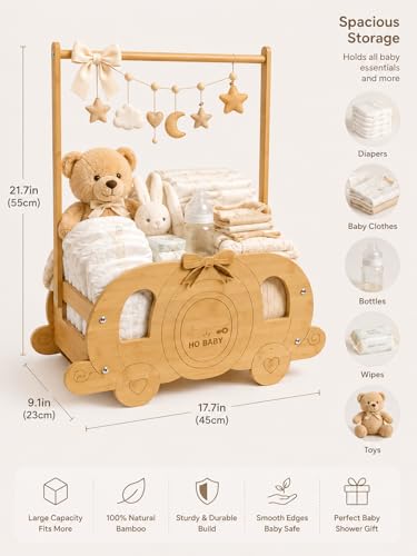 Image of Fun-Plus Baby Shower Basket, Wooden Baby Shower Crate with Handle, Pumpkin Carriage Gift Basket for Baby Shower Centerpiece, Rustic Baby Gift Basket for New Parents