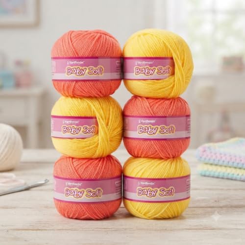 Image of Vardhman BabySoft Knitting Yarn | 100% Acrylic Wool | 4 Ply | Thin Knitting & Crocheting Hook Thread & Lightweight | Special Baby Wool | 150 Grams (6 Balls of 25g) | Machine Washable | Ideal for Blankets, Hats, Booties Ultra-Soft for Baby Sweaters, Blankets, Caps, Socks, Soft toys, Art & craft (Bright84 + Yellow85)