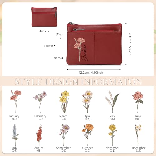 Personalized Birth Flower Leather Wallet - Women's Wristlet Purse with Custom Name Stylish Card Holder Purse with Zipper Wallet Mother's Day Gifts for Mom (Red)2