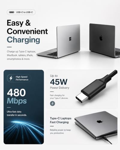 Image of 45W Type C to Type C Cable 1 Meter compatible with Samsung Galaxy S25 Ultra, S24 Ultra, S23 Series, A55, A35, Z Fold and Z Flip, USB-C (Black)