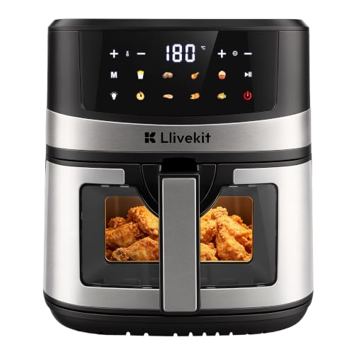 LLIVEKIT 7L Heißluftfritteuse XXL mit Farb-Touchscreen, Airfryer 360° Heißluft Zirkulation-Upgrade, 95% weniger Fett, 70% Energieeinsparung, 8 Kochprogramme, Sichtfenster + Innenbeleuchtung, Schwarz