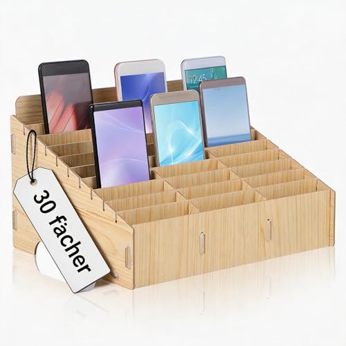 MAGICLULU Handy-Aufbewahrungsbox Holz 30 Fächer Multifunktionaler Handygarage Smartphone Organizer für Schule Klassenzimmer Büro Besprechungsraum Khaki