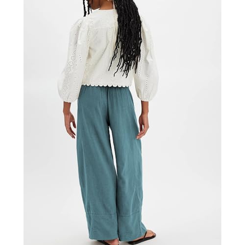Linen Pants for Women Cotton Baggy Boho Casual Palazzo Pants Wide Leg Long Lounge Trousers with Pockets(Blue, M)3