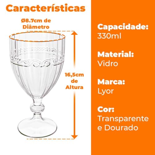 Jogo de Taças de Cristal Transparente Fio de Ouro Imperial 330mL 6 peças - Lyor