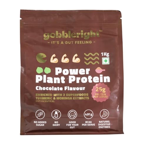 Image of GOBBLERIGHT Power Plant Based Protein Powder Chocolate 1kg | 25g Protein Per Serve | No Added Sugar | Isolate & Concentrate Pea Rice | 4.91g BCAA | No Bloat & Gut Friendly | Gluten Free & Vegan