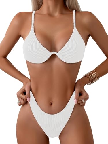 Image of Fanuerg Women Underwire Triangle Bikini Spaghetti Strap Push Up Swimsuit Cheeky Two Piece Bathing Suit