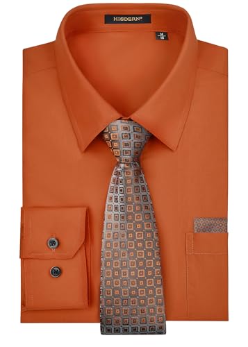Image of HISDERN Mens Dress Shirt with Tie Pocket Square Set Classic Button Down Shirt Matching Tie Long Sleeve Shirts