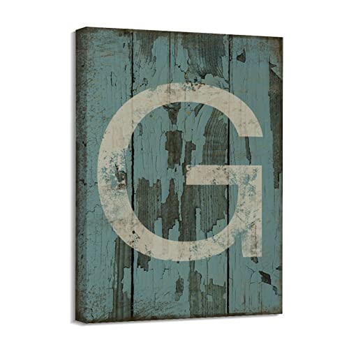 Peinture sur toile lettre G pour habiller un mur vide, décoration ferme bois bleu