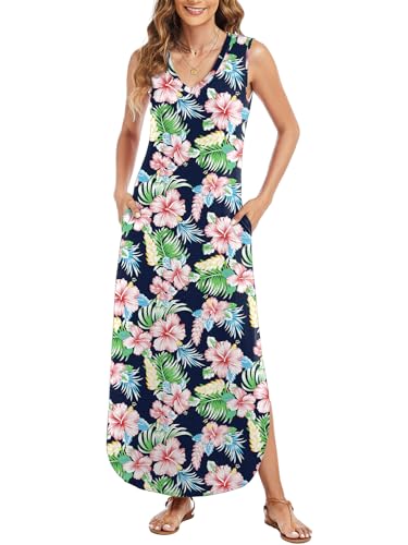 Image of Arolina Maxi Dress for Women Tropical Summer V Neck Sleeveless Split Long Beach Dresses Casual Loose Sundress with Pockets