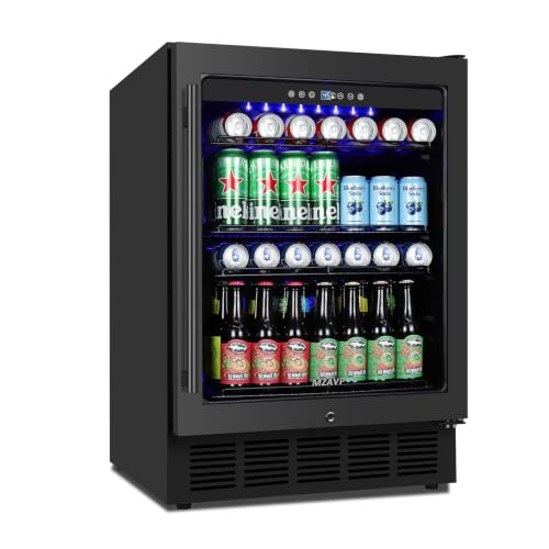 Image of 24 Inch Beverage Refrigerator Under Counter, Drink Fridge 180 Cans Large Capacity with Glass Door, 38dB Whisper Quiet Beverage Cooler Built-in for Home Bar Office, Memory Function for Beer Soda, Black