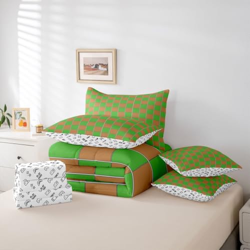 Image of Erosebridal Gaming Checkered King Bed in A Bag 7 Piece Gamer Plaid Comforter Set with Sheets Checkerboard Games Bedding Sets for Kids Adults,Geometric Grids Bed Set