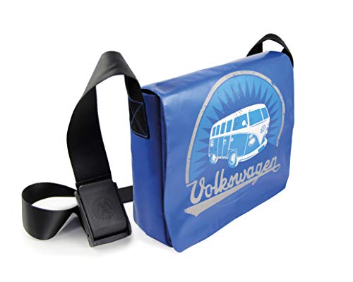 BRISA VW Collection - Volkswagen Vintage-Outdoor-Schulter-Umhänge-Tasche aus Tarpaulin im T1 Bus Design (Groß/Vintage/Blau)