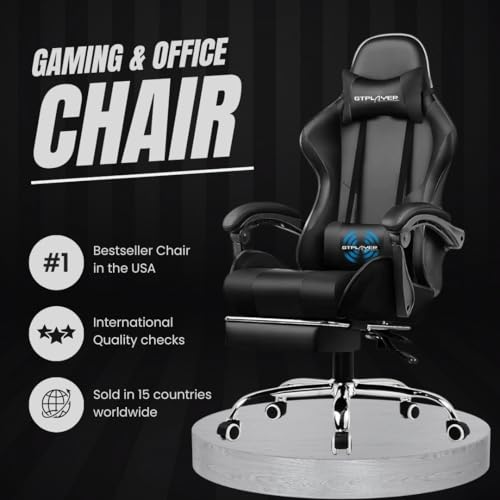 GTPLAYER #1USA Gaming Chair – Massage Cushion, Premium PU Leather, Ergonomic Design with Footrest, 360° Swivel, Adjustable Neck & Lumbar Pillow for... - Image 4