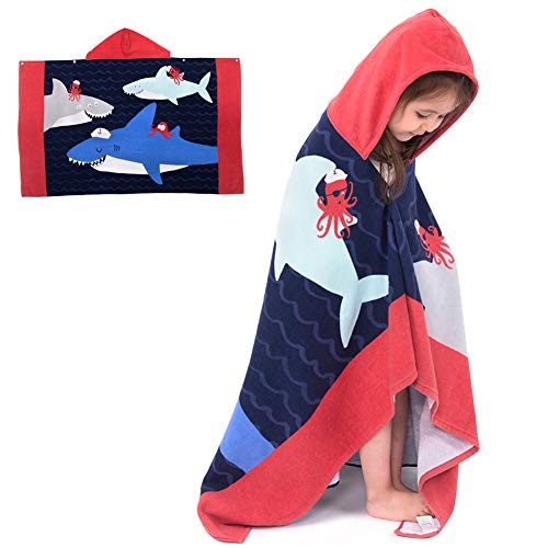 Poncho Baño de Toalla con Capucha Niños Albornoz Toalla de Playa de Algodón Natación para Niñas Niños Bebé Dibujos Animados (Tiburón)