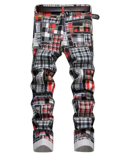 Men's Patchwork Printed Jeans Stretch Slim Fit Skinny Casual Straight Leg Denim Pants2